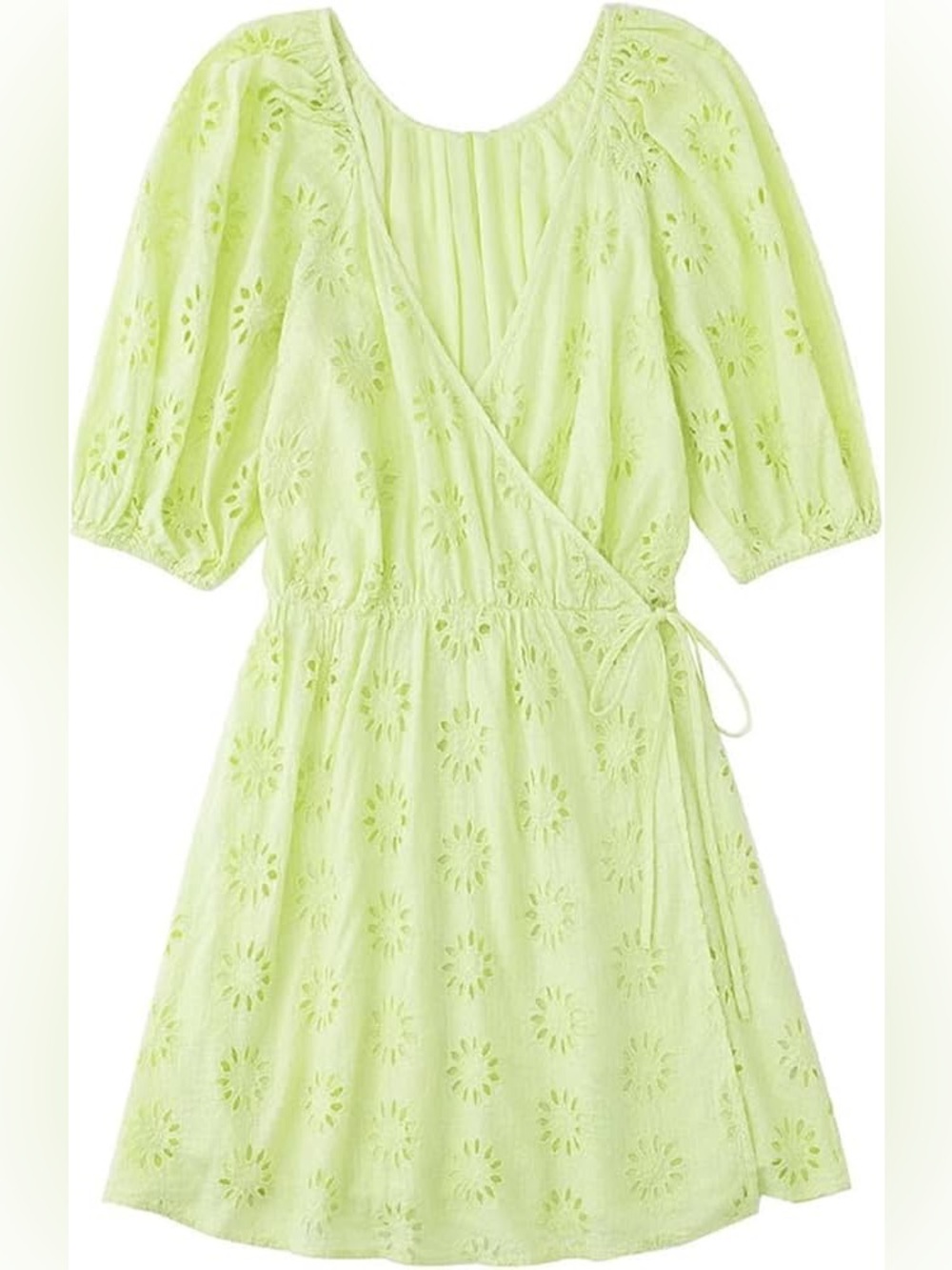 Zara | 100% Cotton Pastel Lime Green Floral Eyelet Lace Puff Sleeve Wrap Dress